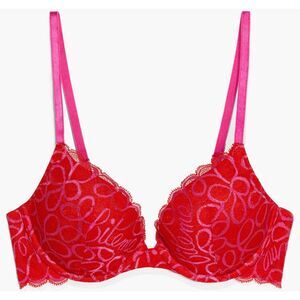 SAVAGE X Fenty Goji Berry Red Rose Violet Ribbon Writing Push-Up Bra Size 42DDD